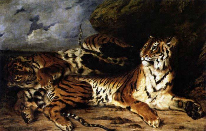 Eugene Delacroix A Young Tiger Playing with its Mother oil painting image